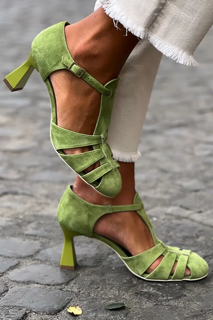 Cut-out Crochet Heeled Sandals in Closed Toe Green