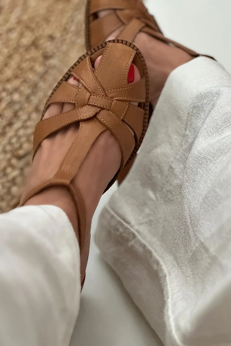 Brown Cut-Out Woven Wide Heels with Buckle and T-Strap