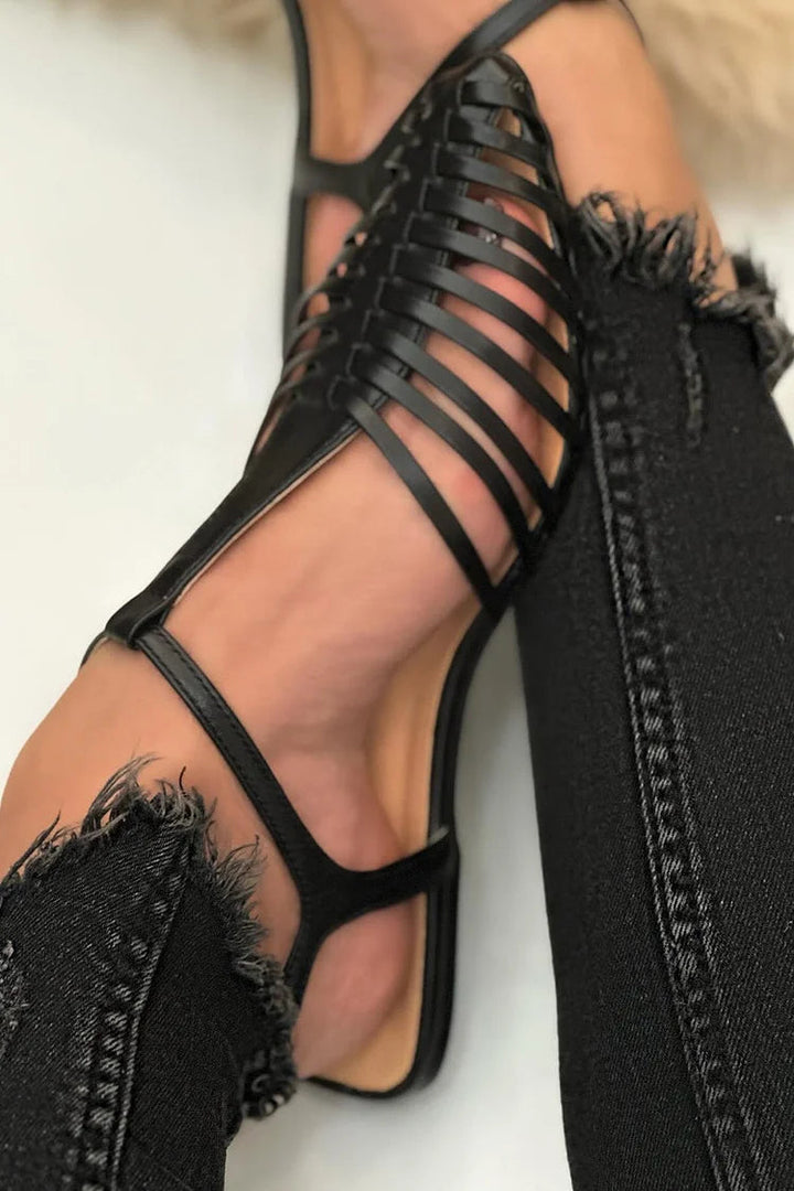 Essential Casual Cut-Out Black Pointed Sandals with T-Strap
