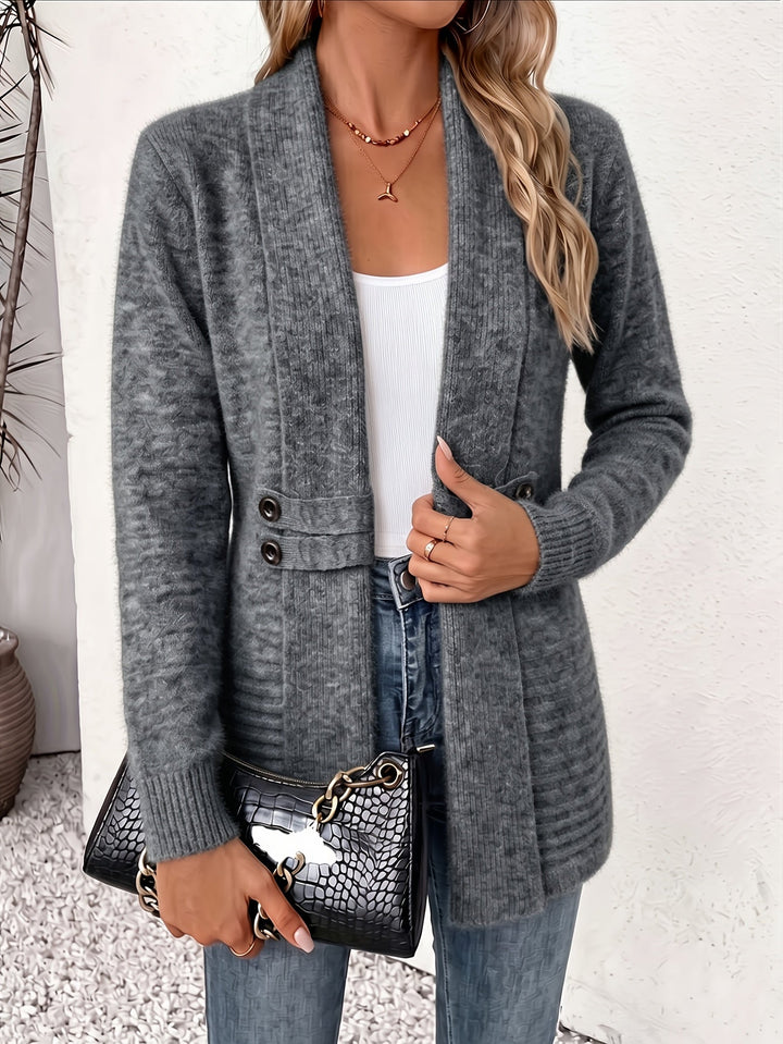 Dark gray knit ladies cardigan, open front with two-button placket and side pockets.