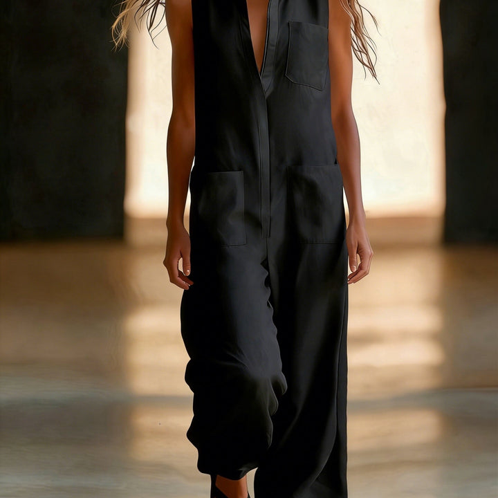 Sleeveless wide-leg jumpsuit for women, plain colour with pockets, half-zip and open front - Casual wear for commuting