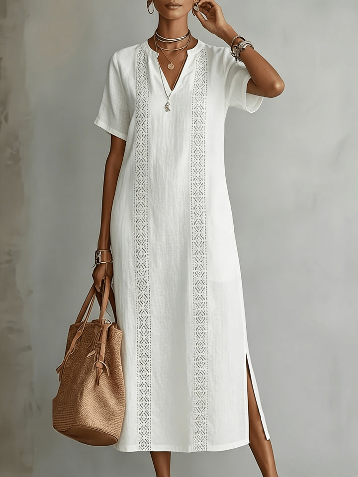 Elegant vintage lace dress for women with V-neck, loose fit, solid colour ZLLZ
