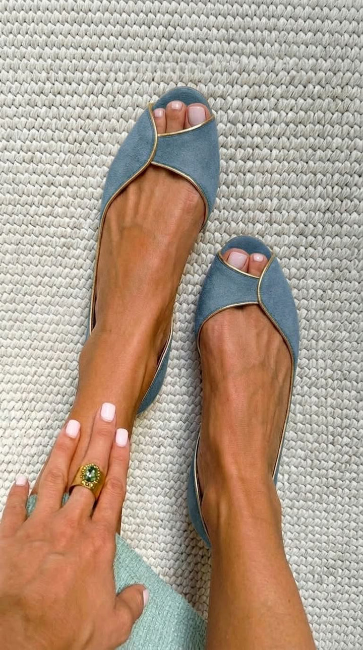 Penny - Beige and Gold Suede Open-Toe Flats