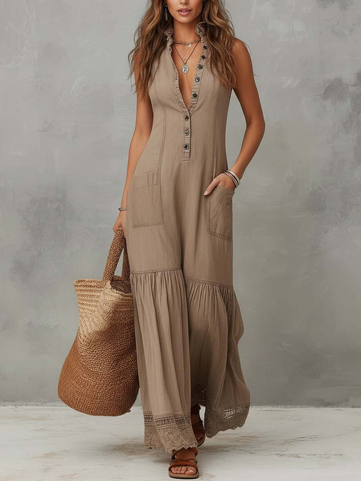AGATA | LONG BOHO DRESS WITH BUTTONS AND LACE HEM