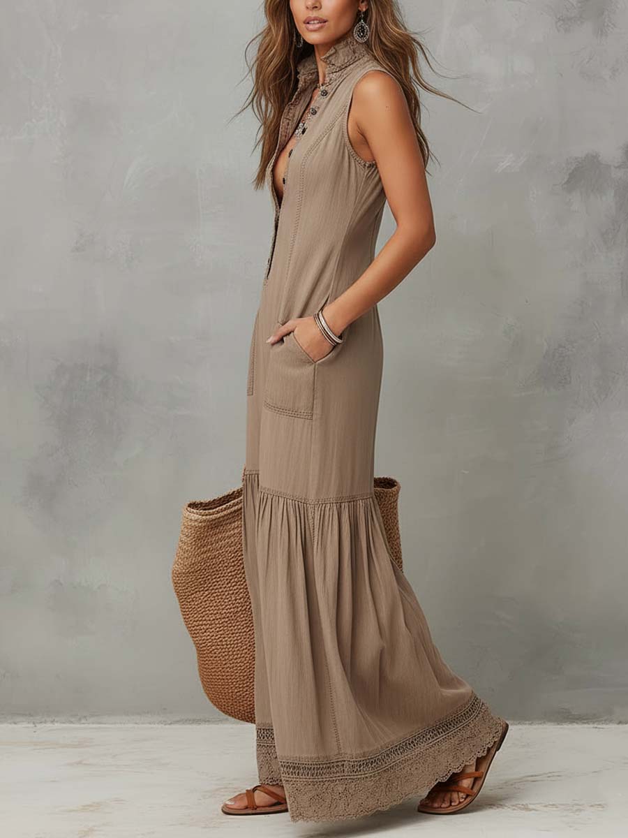AGATA | LONG BOHO DRESS WITH BUTTONS AND LACE HEM