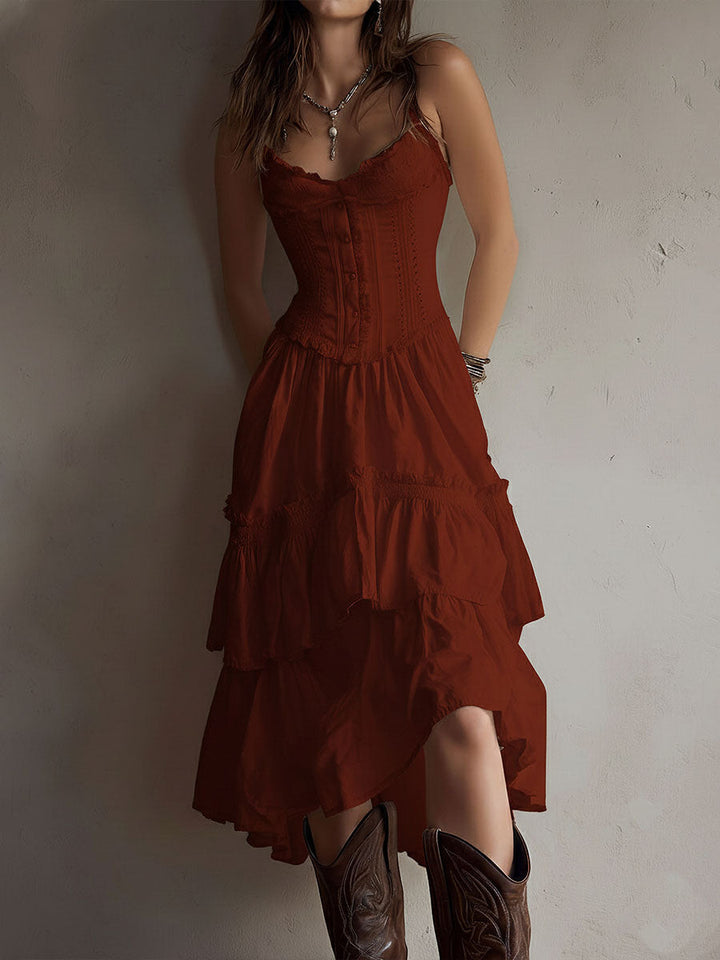 Retro Boho Corset Tiered Midi Dress With Lace Trim