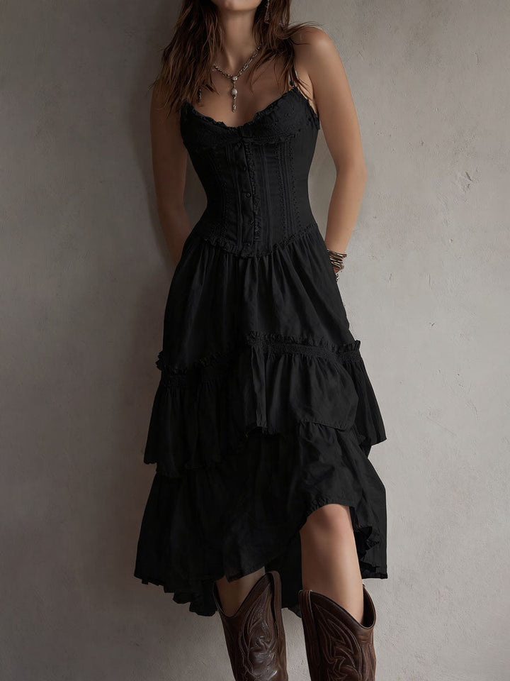 Retro Boho Corset Tiered Midi Dress With Lace Trim