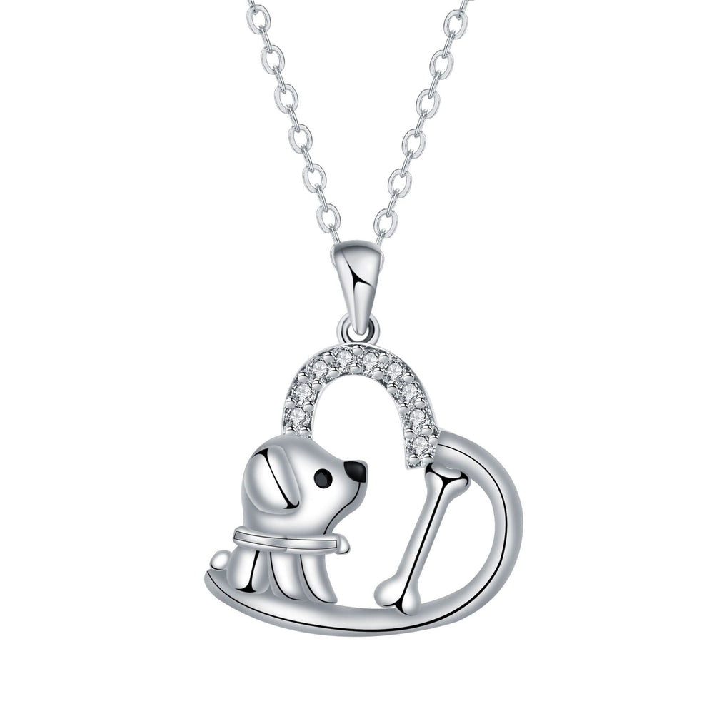 Silver dog heart pendant necklace, heart-shaped crystal halo on a chain with loop top