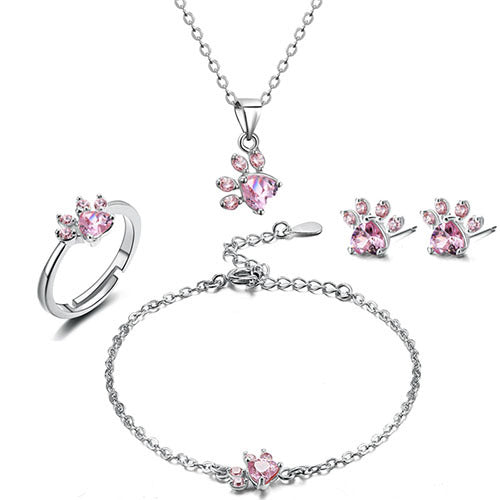 Rose Gold Paw Jewellery Set – 4 Pieces with Zirconia Heart (Ring, Necklace, Earrings, Bracelet)