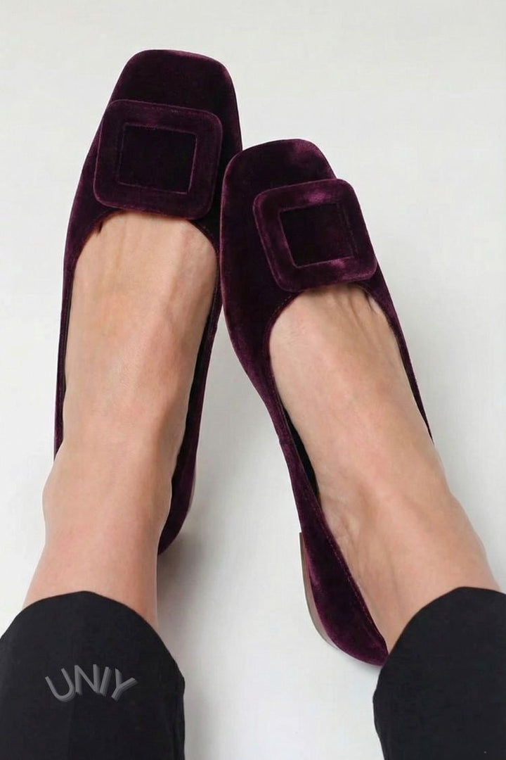 Square Toe Velvet Ballerinas with Buckle