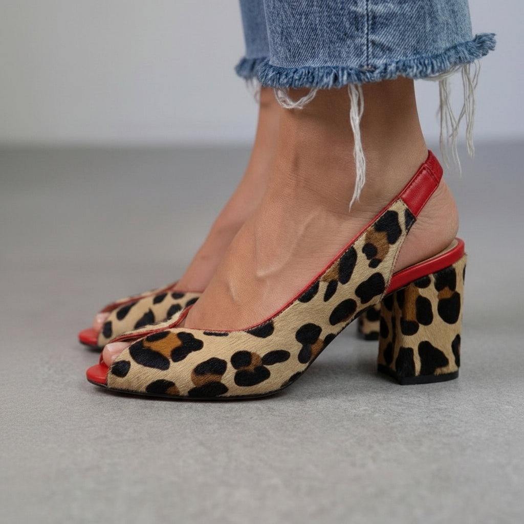 Red Leopard Print Slingback Peep Toe Block Heels