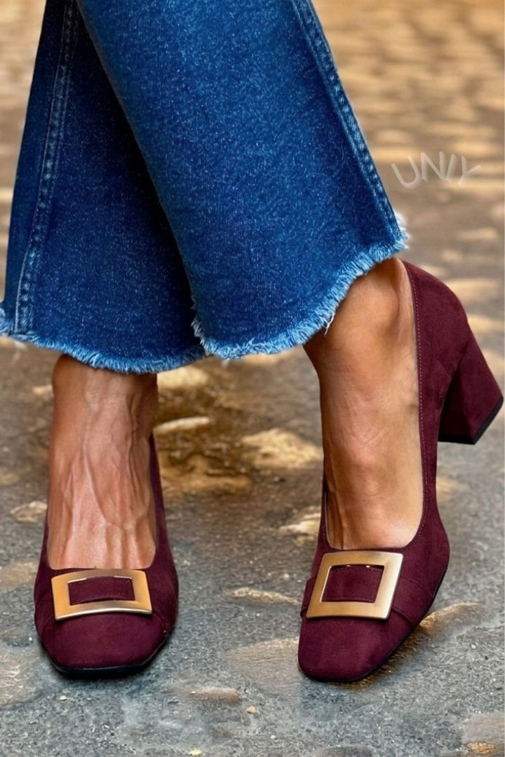 Wide Patchwork Navy Blue Square Toe Heels