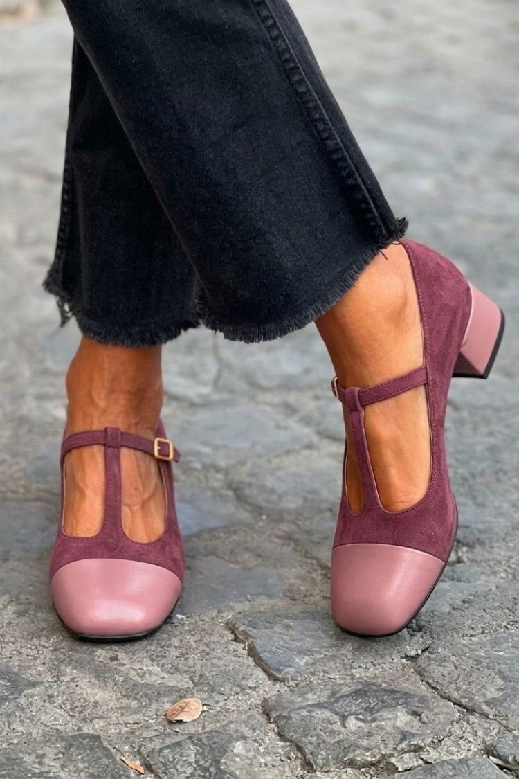 Wide Block Colour Purple Round Toe Heels with Buckle and T-Strap