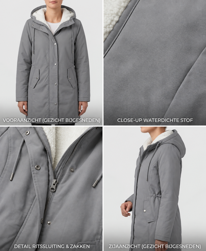 Grey parka detail: sherpa-lined hood, zip front, buttoned pockets, drawcord