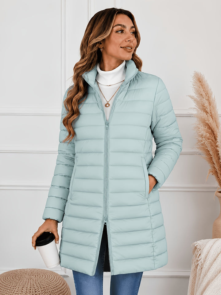 Lightweight quilted coat with stand collar and double zip front, light cyan puffer jacket.
