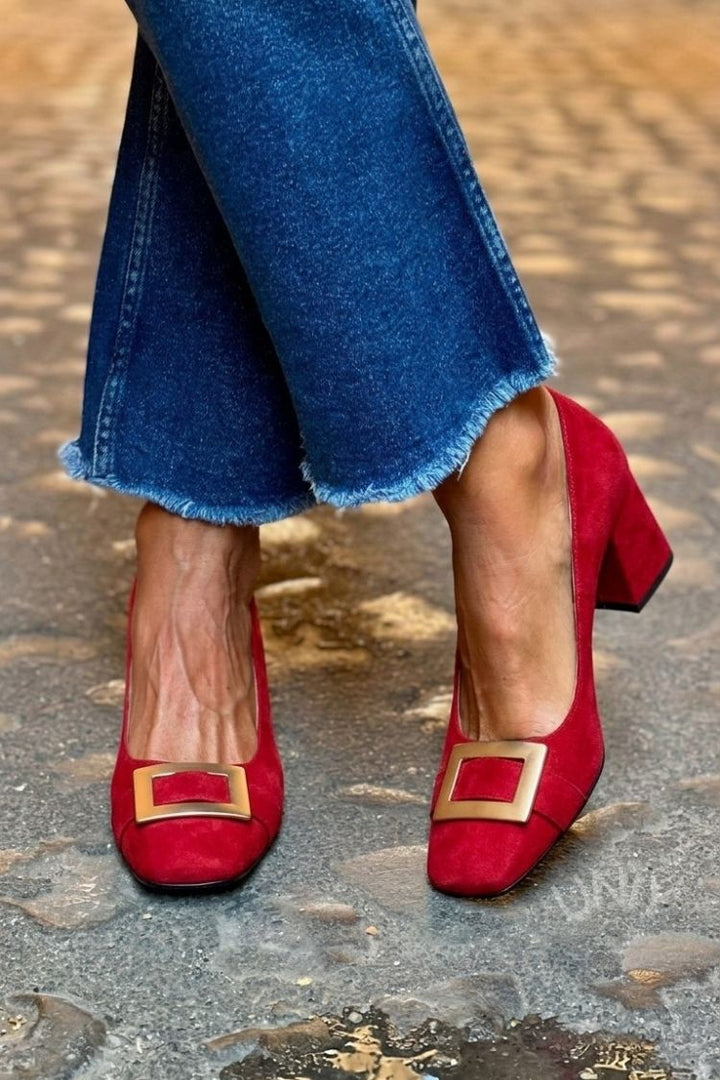 Wide Patchwork Navy Blue Square Toe Heels