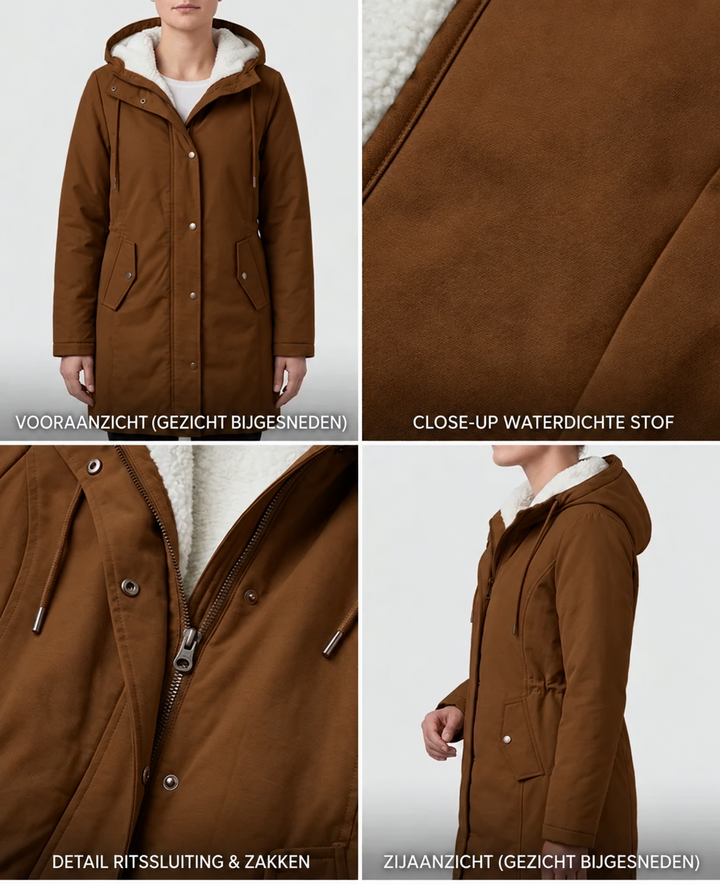 Brown parka detail: sherpa-lined hood, zip front, buttoned pockets, drawcord