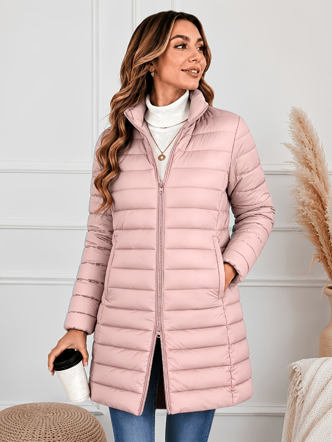 Lightweight quilted coat with stand collar and double zip front, dusty pink puffer jacket.