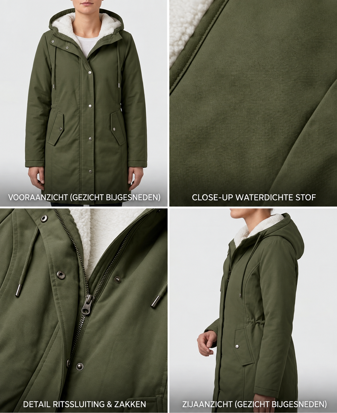 Green parka detail: sherpa-lined hood, zip front, buttoned pockets, drawcord
