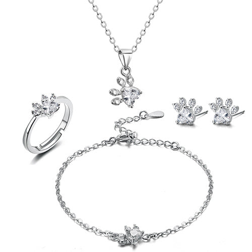 Rose Gold Paw Jewellery Set – 4 Pieces with Zirconia Heart (Ring, Necklace, Earrings, Bracelet)