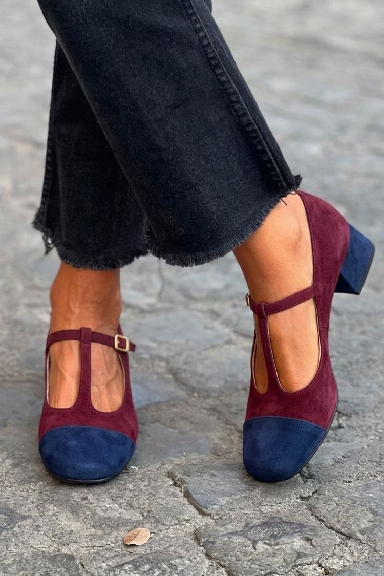 Red Patchwork Wide Heels with Round Toe, Buckle and T-Strap