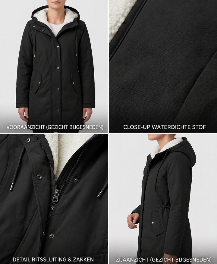 Black waterproof parka with hood and sherpa lining; zip and pocket details.