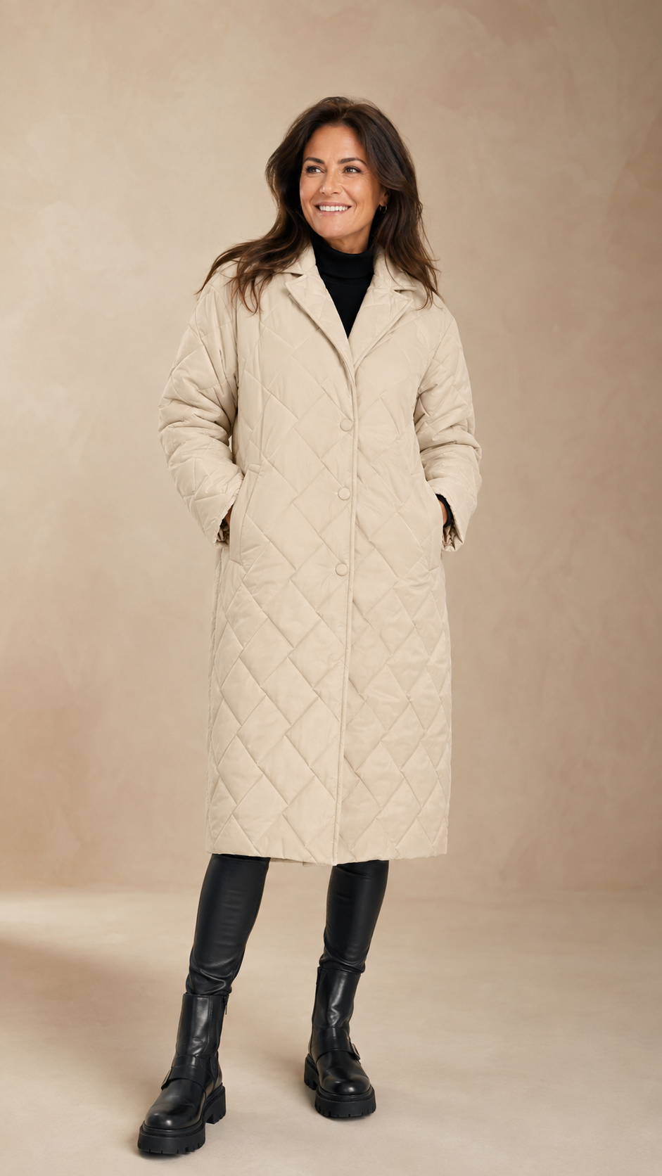 Beige reversible quilted jacket, diamond quilting with button front and stand collar