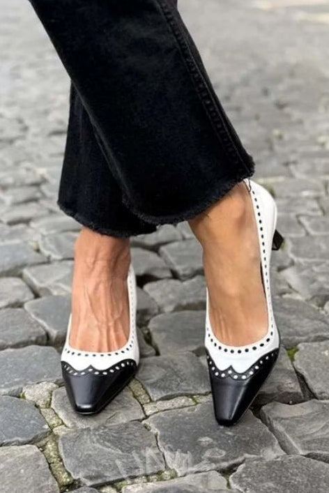 Elegant pointed colour block cut-out mid heels