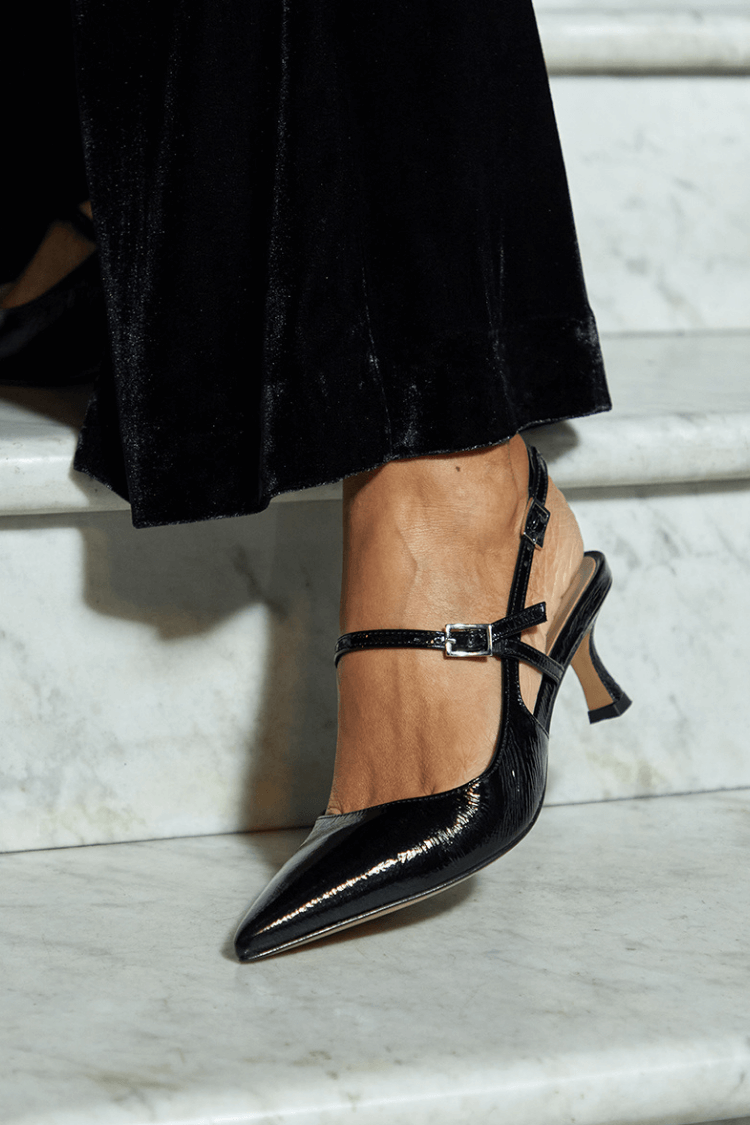 Glossy Black Pointed Slingback Heels