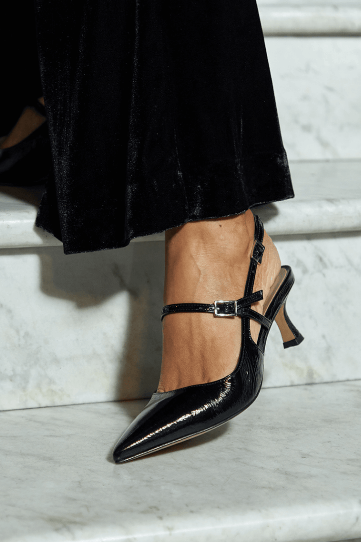 Glossy Black Pointed Slingback Heels