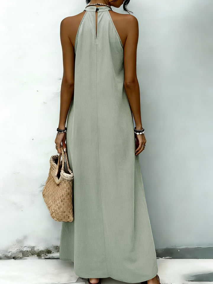 AMNFUIL Bohemian Maxi Dress with Neck Cord for Women - Sleeveless Beach Dress with Button Closure at the Back, Plain Fitted Long Dress Suitable for Weddings, Pool Parties, Casual Wear, Machine Washable Elegant Dress