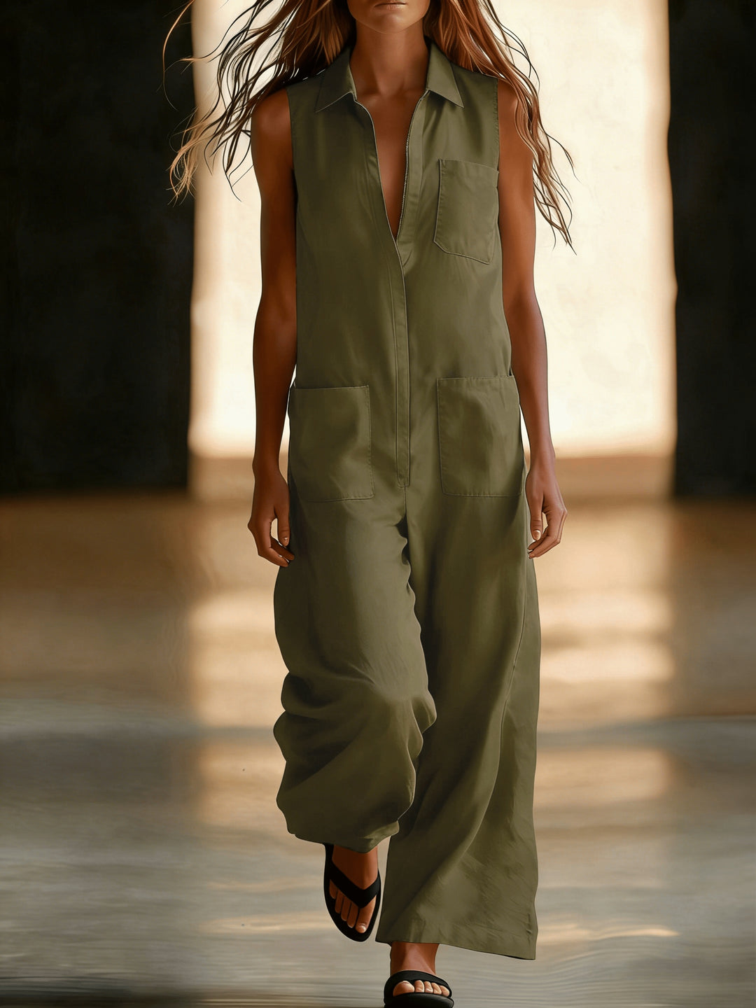 Sleeveless wide-leg jumpsuit for women, plain colour with pockets, half-zip and open front - Casual wear for commuting