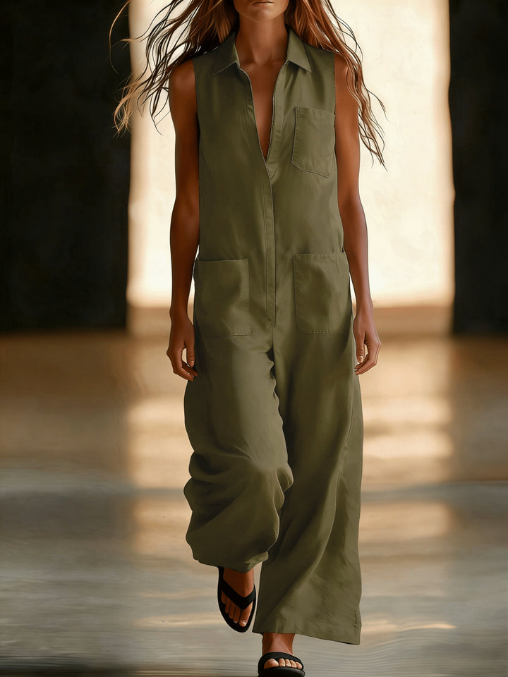Sleeveless wide-leg jumpsuit for women, plain colour with pockets, half-zip and open front - Casual wear for commuting