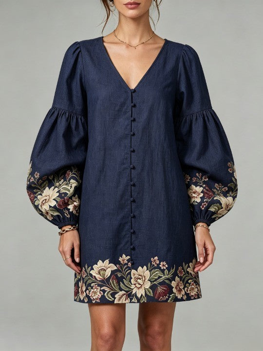 Navy blue mini dress made of cotton and linen, with a V-neck and lantern sleeves, in a floral pattern
