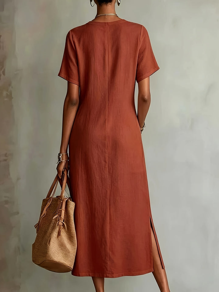 Elegant vintage lace dress for women with V-neck, loose fit, solid colour ZLLZ