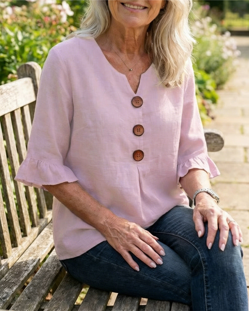 Sophia Solid Colour Blouse with Wooden Buttons and Ruffles