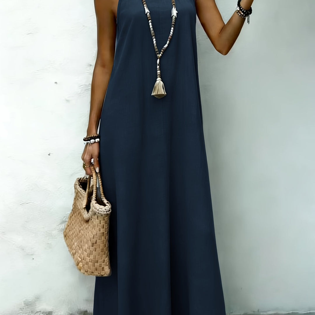 AMNFUIL Bohemian Maxi Dress with Neck Cord for Women - Sleeveless Beach Dress with Button Closure at the Back, Plain Fitted Long Dress Suitable for Weddings, Pool Parties, Casual Wear, Machine Washable Elegant Dress