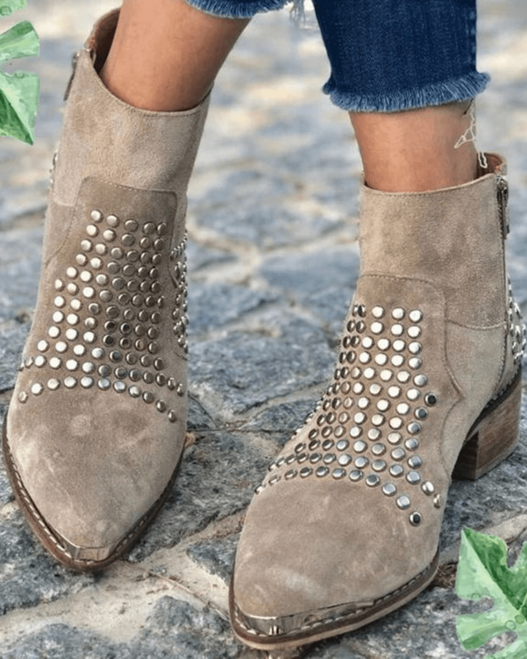 Chunky Pointed Suede Ankle Boots with Studs