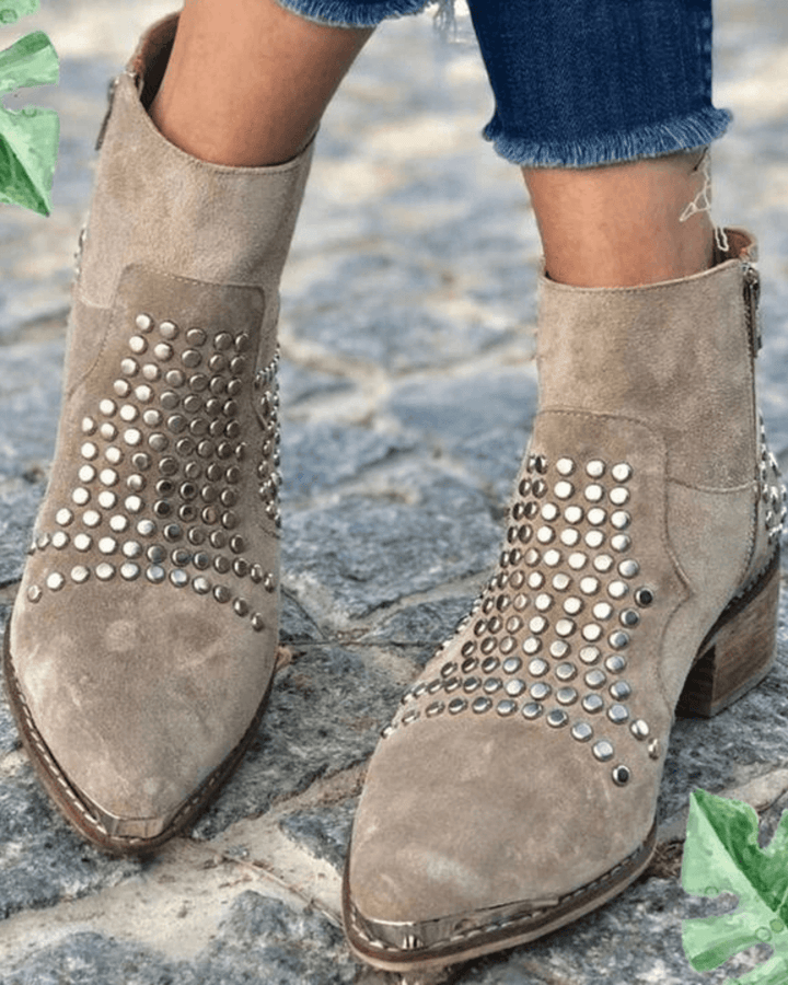 Chunky Pointed Suede Ankle Boots with Studs