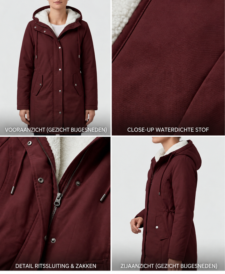 Berry red hooded waterproof parka with sherpa lining, zip front, and flap chest pockets.