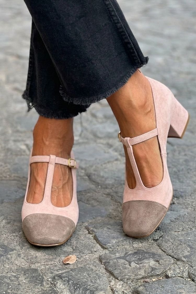 Red Patchwork Wide Heels with Round Toe, Buckle and T-Strap