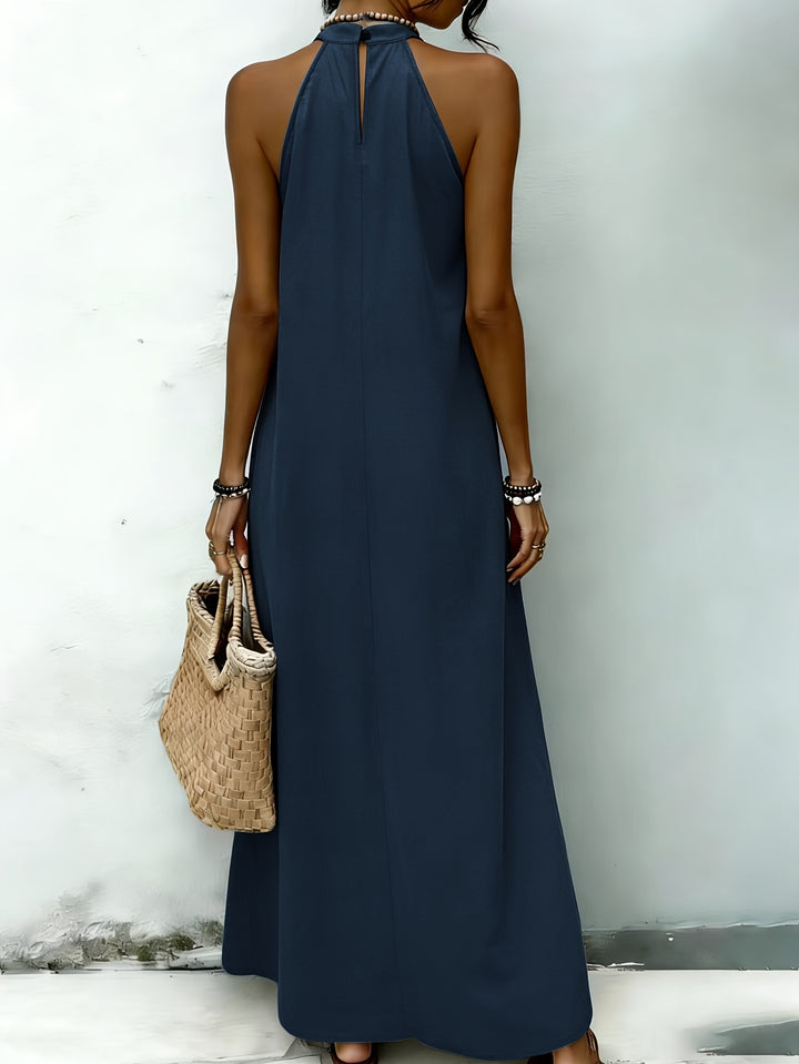AMNFUIL Bohemian Maxi Dress with Neck Cord for Women - Sleeveless Beach Dress with Button Closure at the Back, Plain Fitted Long Dress Suitable for Weddings, Pool Parties, Casual Wear, Machine Washable Elegant Dress