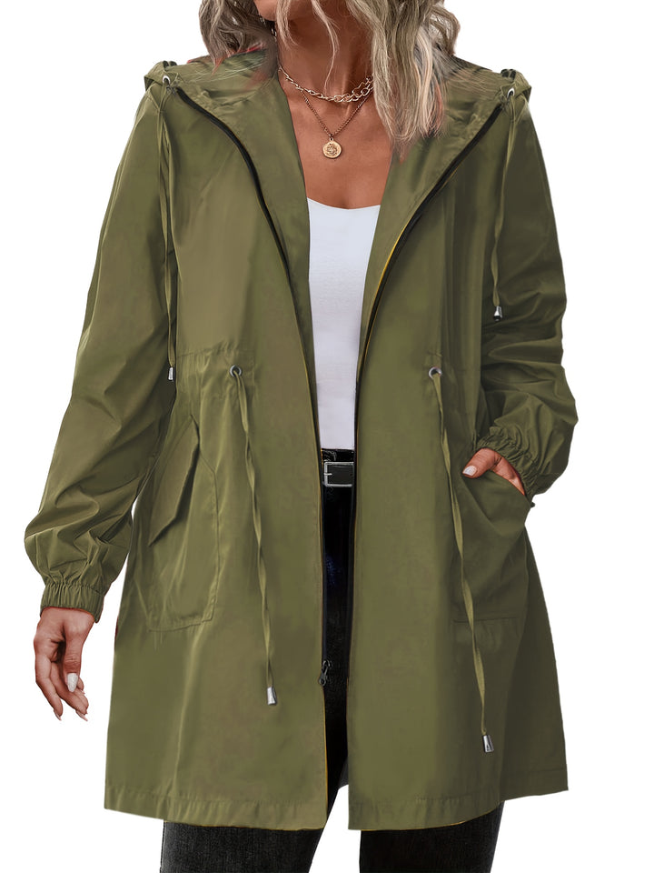 Lightweight hooded zip jacket in olive green with drawstring waist and front pockets