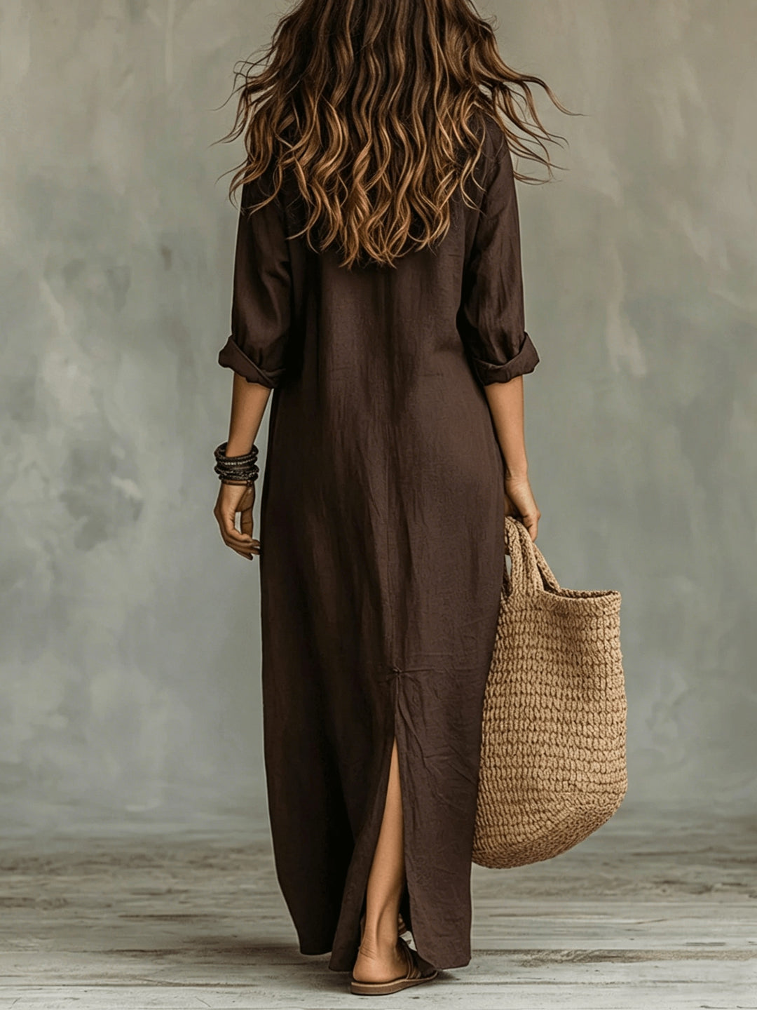 New Spring/Summer Plain Coloured Pullover-Collar Long Dress with Half-Open Collar and Slits at the Front and Back, Casual Shirt Dress in a Relaxed Style, Suitable for Leisure, Travel, Beach, and Daily Use in Spring/Summer, Machine Washable
