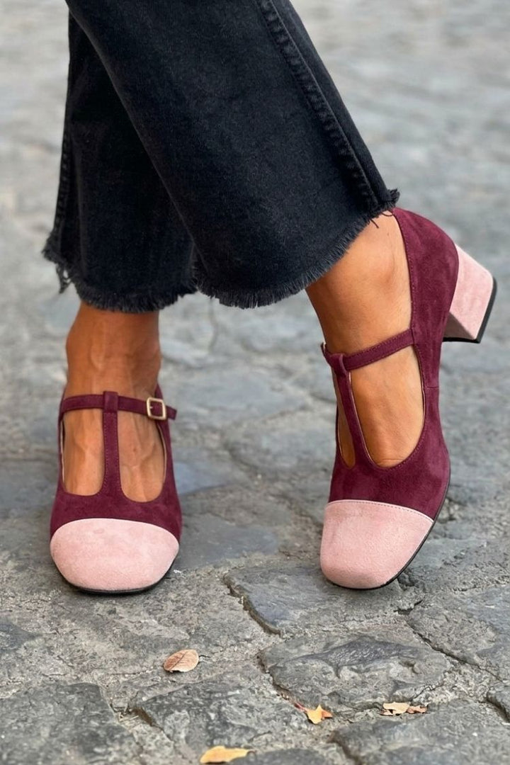 Red Patchwork Wide Heels with Round Toe, Buckle and T-Strap