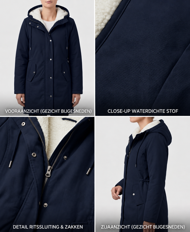 Navy hooded waterproof parka with sherpa lining, zip details, and front flap pockets.