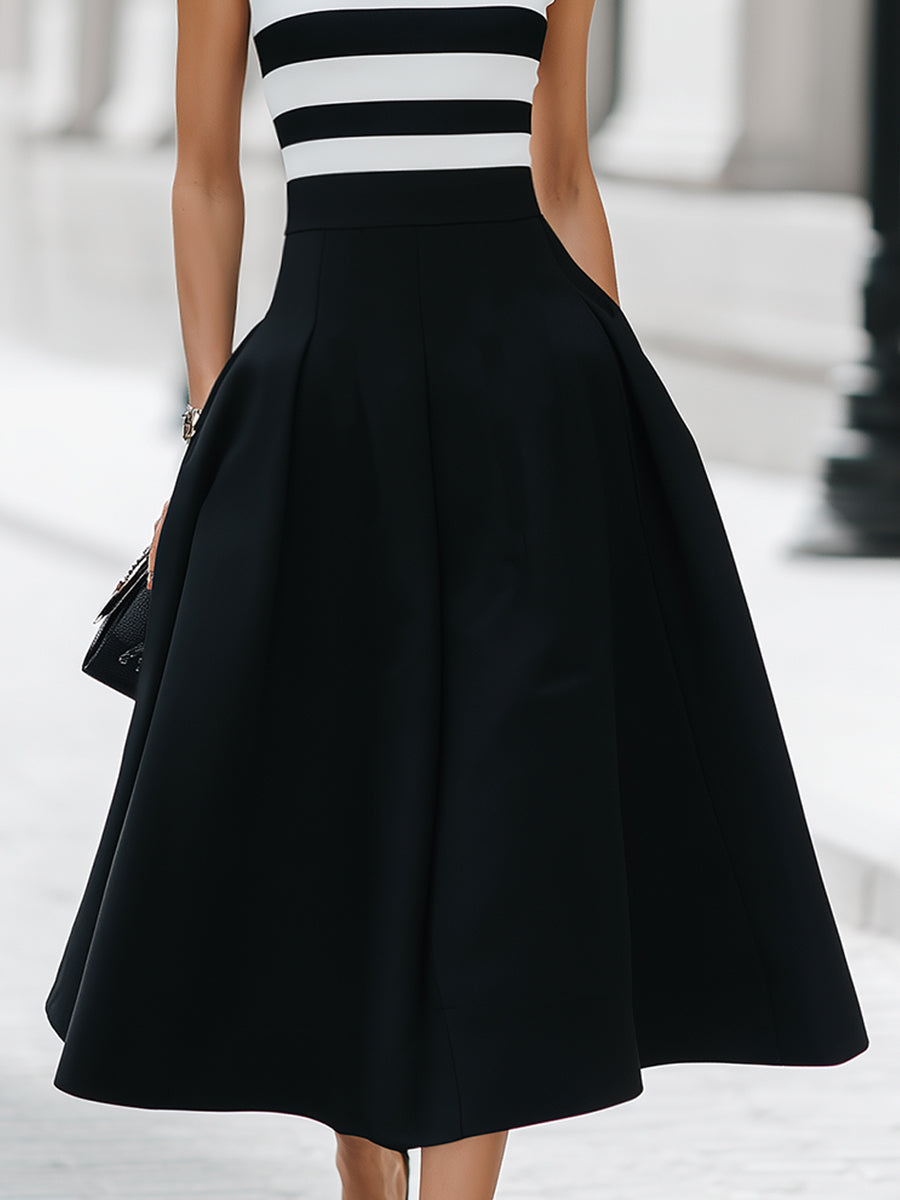 Elegant midi A-line dress, sleeveless, striped, with pockets