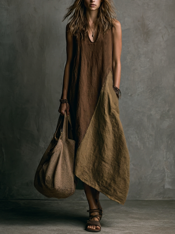 Brown and Khaki Patchwork Asymmetrical Long Sleeveless Dress with V-Neck