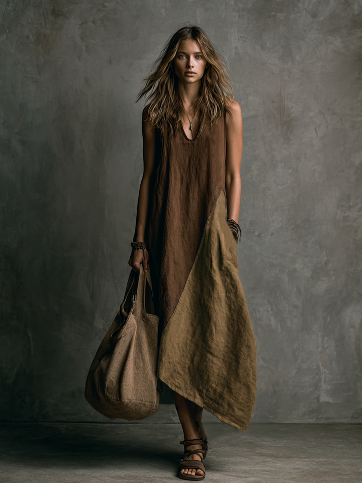 Brown and Khaki Patchwork Asymmetrical Long Sleeveless Dress with V-Neck