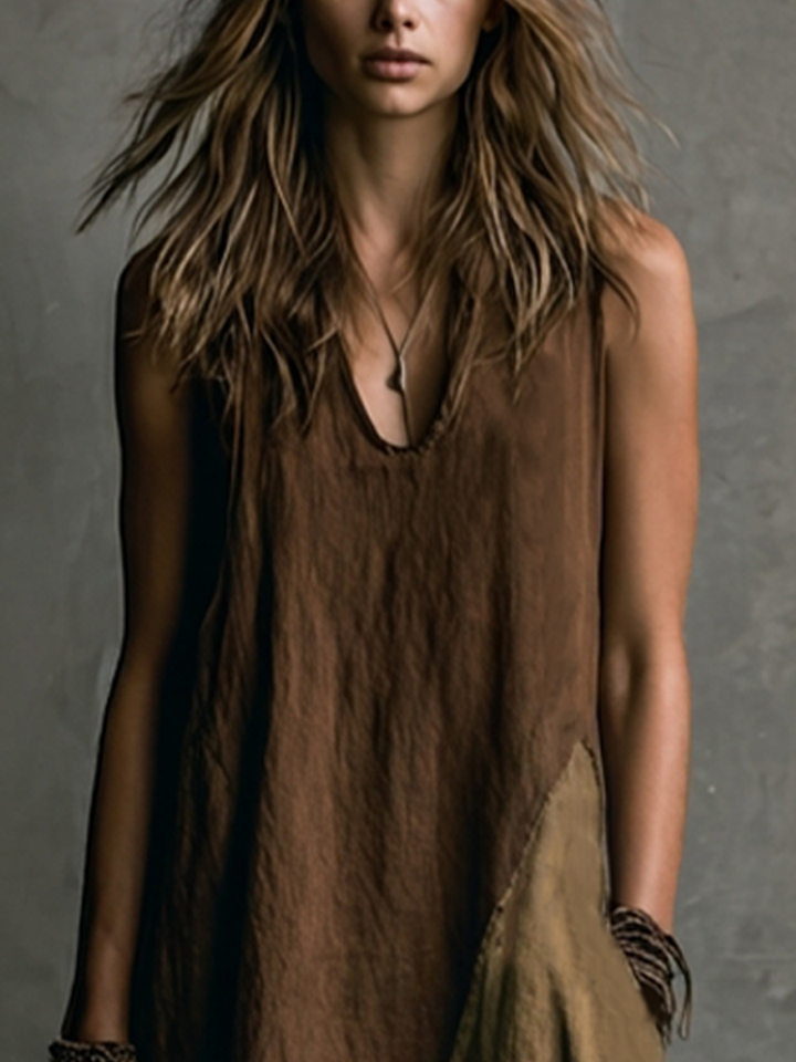 Brown and Khaki Patchwork Asymmetrical Long Sleeveless Dress with V-Neck